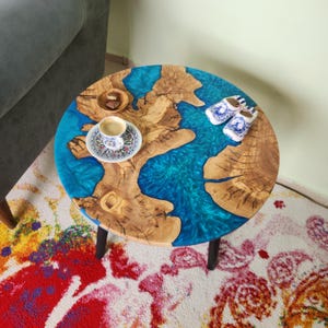 Custom Epoxy Resin & Olive Wood Coffee Table: Live Edge Design