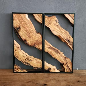 Live Edge Olive Wood Wall Art - Metal Frame - Rustic Set of 2