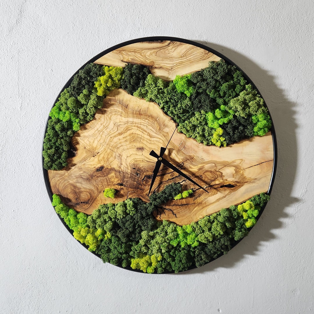 Custom Moss and Olive Wood Wall Clock With Metal Frame - Etsy