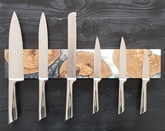 Magnetischer Messerhalter nach Maß, Multicolor-Auswahl-Harz und Olivenholz-Messerhalter, Epoxid- und Holzmesserstange, Messerblock und Lagerung.