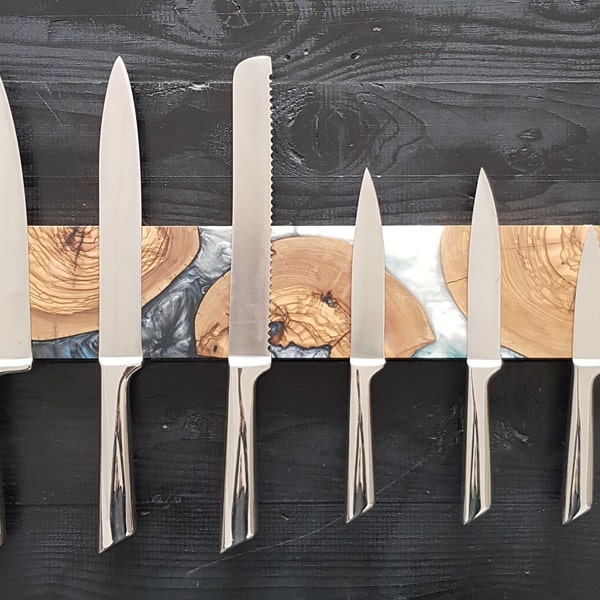 Custom Order Magnetic Knife Rack, Multicolor choice Resin and Olive Wooden Knife Holder, Epoxy and Wood Knife Bar, Knife Block and Storage.