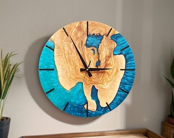 Made to Order Unique Resin & Olive Wood Wall Clock, Made to order Epoxy and Olive Wood Wall Clock, Live Edge Rustic Olive Wood Wall Clock