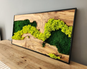 Custom Moss Wall Art: Olive Wood & Metal Frame, Preserved Moss Decor