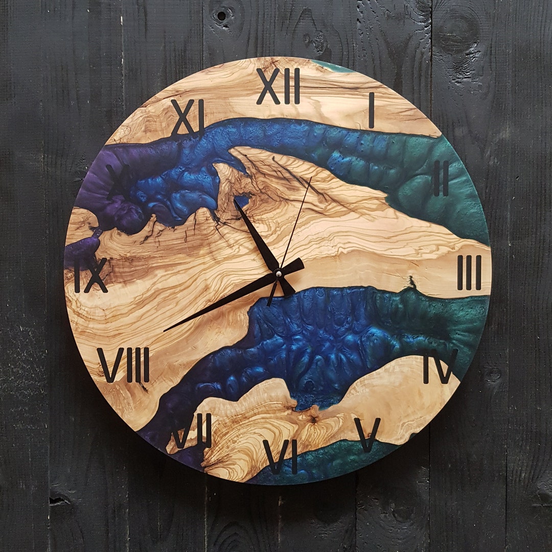Custom Made Resin & Olive Wood Wall Clock, Epoxy and Olive Wood Wall
