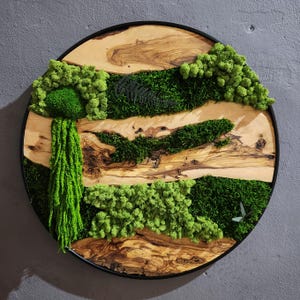 Decoración de pared en madera de olivo y musgo preservado: Marco metálico personalizado.