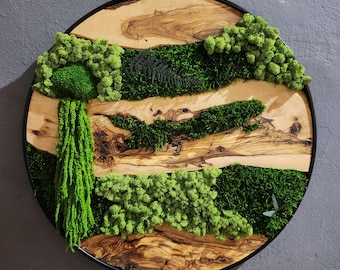 Olive Wood & Preserved Moss Wall Art: Custom Metal Frame
