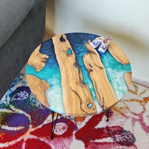 Epoxy Olive Wood Coffee Table: Custom Resin Side Table with Hairpin Legs