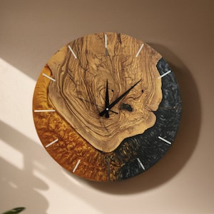 Large Wall Clock, Custom Made Resin & Olive Wood Wall Clock, Live Edge Rustic Olive Wood Wall Clock, Black and Gold Wall Clock