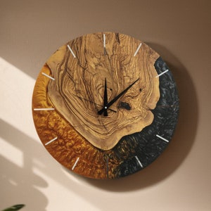 Custom Resin & Olive Wood Wall Clock: Live Edge Rustic Decor