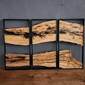 Rustic Olive Wood Wall Art Set: Metal Frame, Live Edge Decor