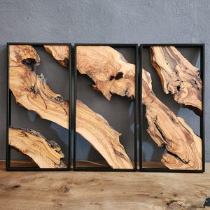 Set of 3 Metal and Wooden Wall Art, Olive Wood Wall Decor, Wood Wall Art, Rustic Wall Art, Live Edge Wood Decor, Modern Wall Art, Home Gift