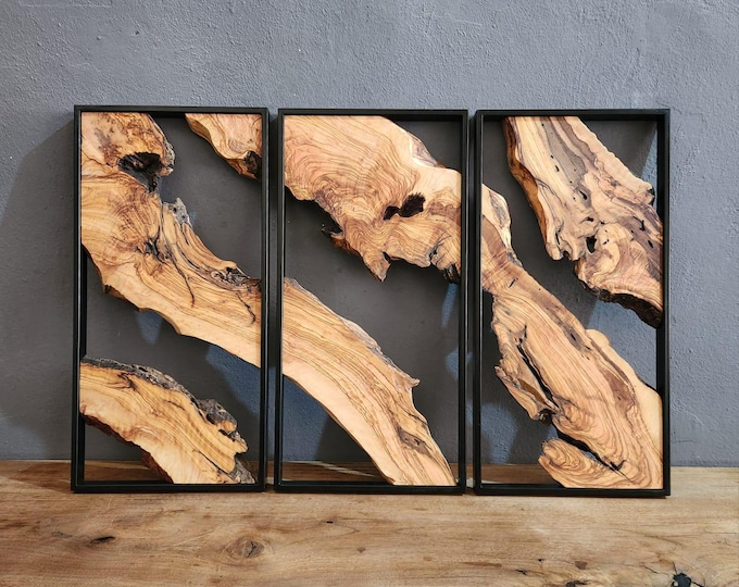 Set of 3 Metal and Wooden Wall Art, Olive Wood Wall Decor, Wood Wall Art, Rustic Wall Art, Live Edge Wood Decor, Modern Wall Art, Home Gift