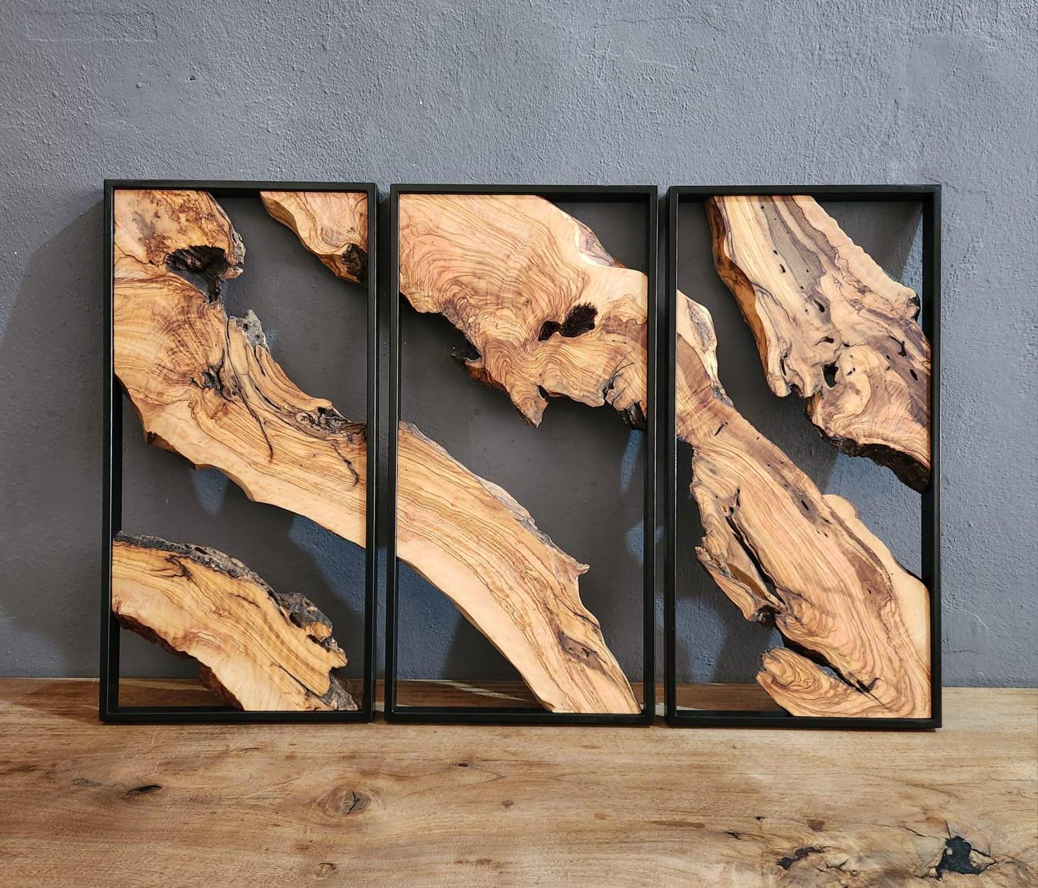 Set of 3 Metal and Wooden Wall Art, Olive Wood Wall Decor, Wood Wall Art, Rustic Wall Art, Live Edge Wood Decor, Modern Wall Art, Home Gift