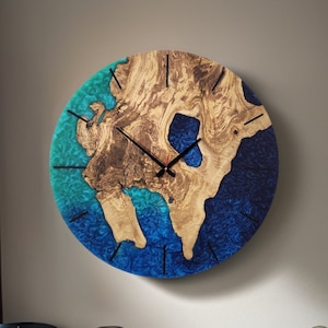 Custom Made Resin & Olive Wood Wall Clock, Made to order Epoxy and Olive Wood Wall Clock, Home gift, Live Edge Rustic Olive Wood Wall Clock