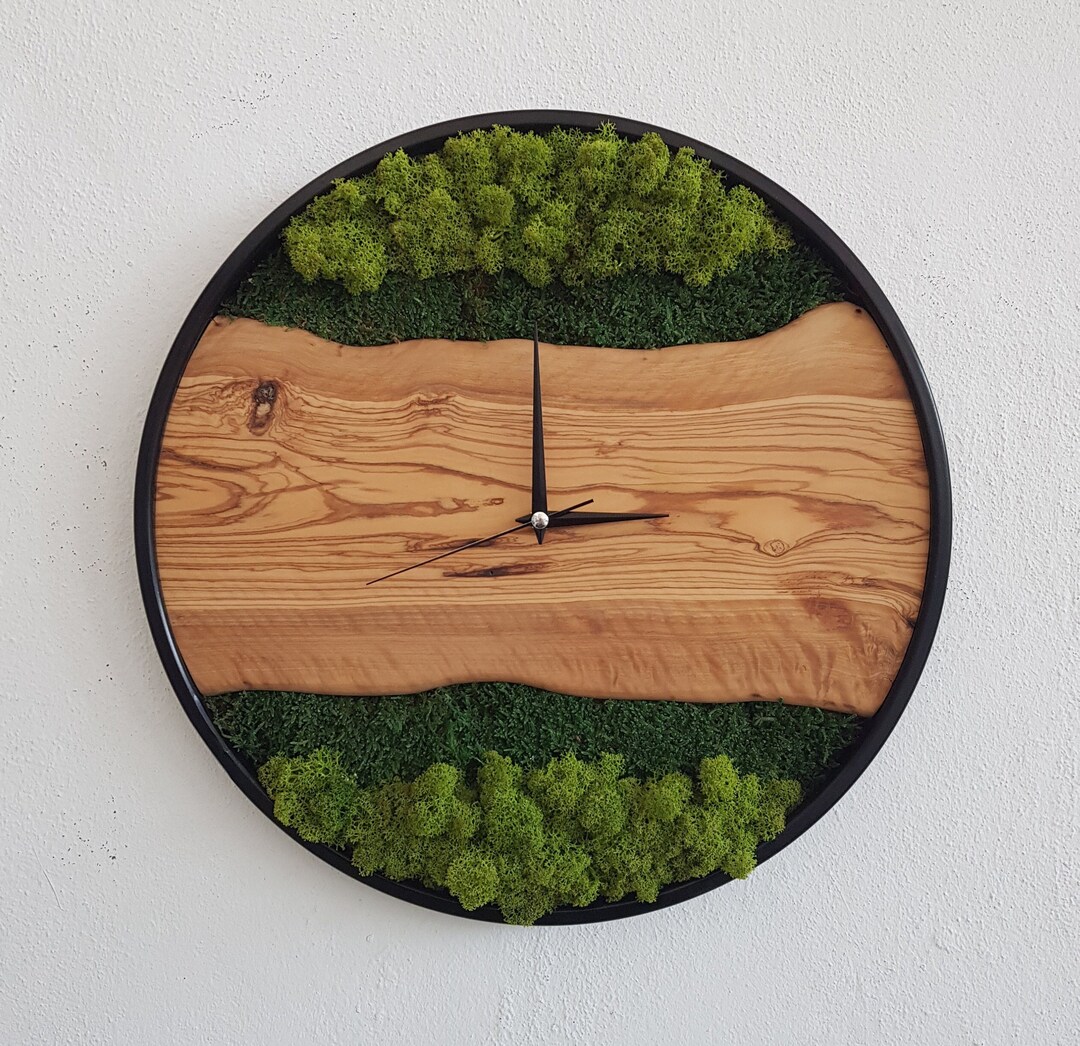 Custom Moss & Olive Wood Wall Clock With Metal Frame - Etsy