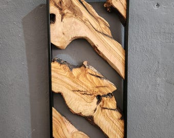 Live Edge Olive Wood Wall Art: Metal Frame, Rustic Decor