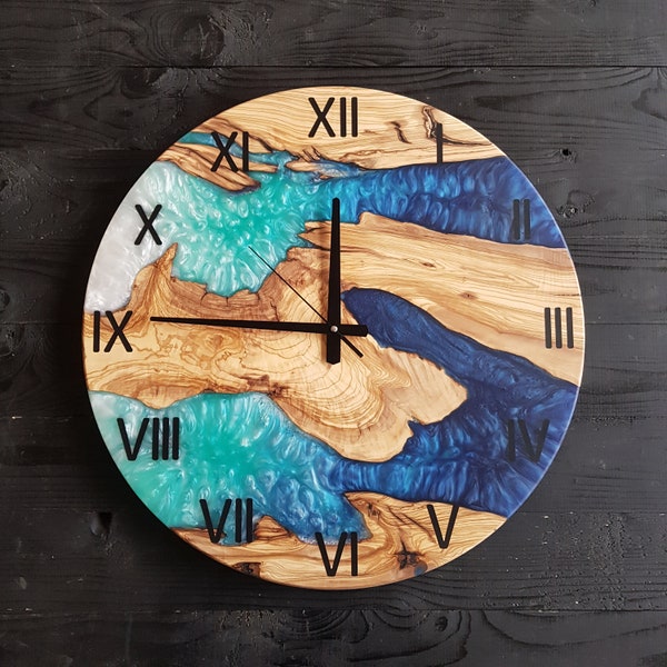 Custom Wall Clock Made of Olive Wood, Made to Order Epoxy Resin Wall Clock, Live Edge Wall Clock, FArmhouse Clock, Wooden Wall Clock, Unique