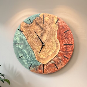 Custom Resin & Olive Wood Wall Clock: Live Edge Rustic Decor