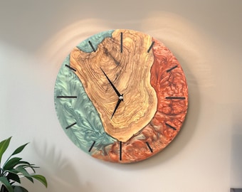 Large Wall Clock, Custom Made Resin & Olive Wood Wall Clock, Live Edge Rustic Olive Wood Wall Clock, Black and Gold Wall Clock