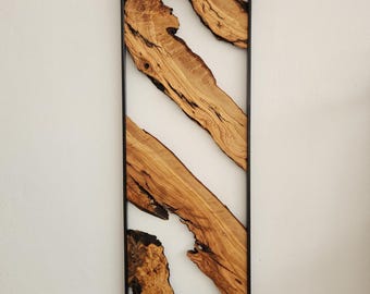 Live Edge Olive Wood Wall Art: Rustic Metal Frame Decor