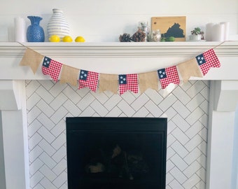 Simple Red Gingham and Burlap American Flag Banner