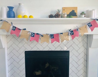 Red Gingham and Burlap American Flag Banner with Denim and Ric Rac ties