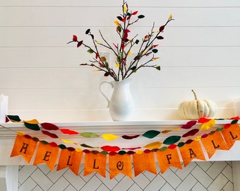 Hello Fall Orange Burlap Banner with Felt Leaf Trim