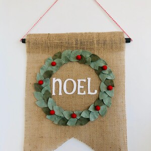 Christmas 'Noel' Wreath Door Hanger With Sage Green Felt Leaves and Red Felt Beads