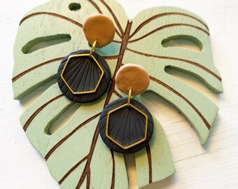 Black and gold earrings, polymer clay earrings, dangle earrings, statement earrings