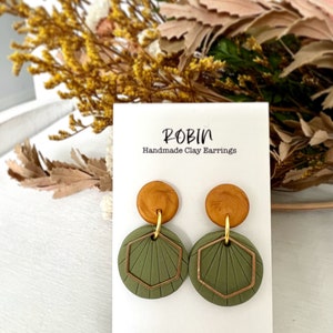 Polymer Clay Earrings, Pink Gold hoop, Drop earrings, Statement earrings, Sage green colour