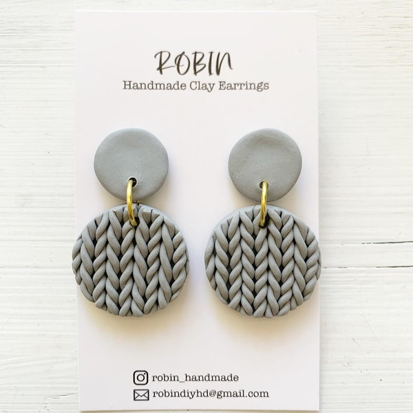 Knit Clay Earrings | Knitted Pattern | Knitting and Sewing Pattern Earrings | Polymer Clay Earrings | Grey