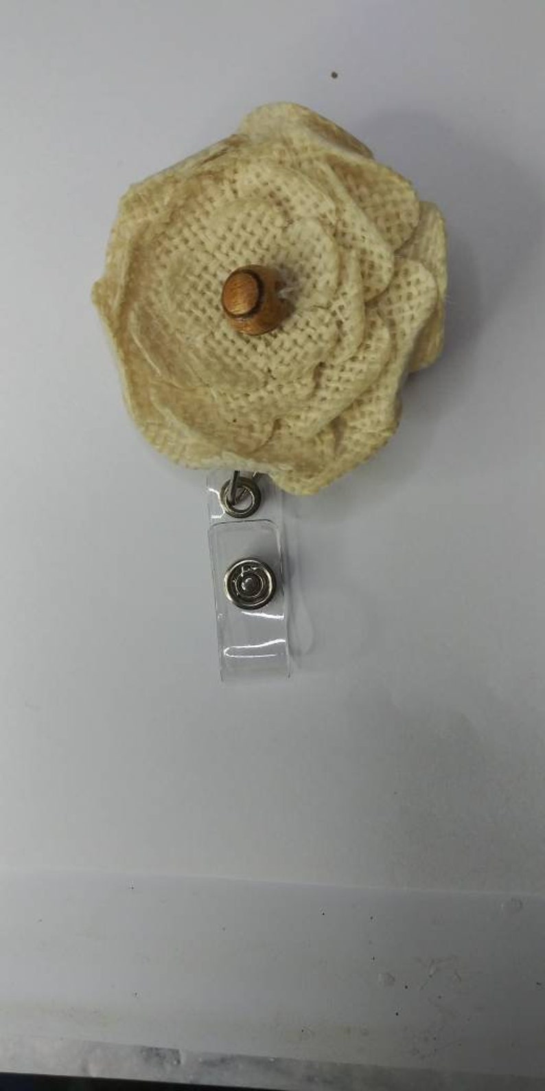 Neutral color badge holder Beige color badge holder Natural badge holder Burlap badge holder Id badge holder Flower badge Badge reel