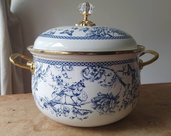 20 cm Enamel Pot, Casserole , Enamel Pot , Cook Pot ,Enamelware , Blue Blanc Cookware