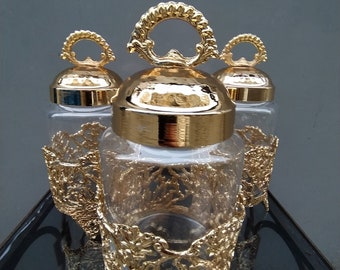 600 Ml Jar Set, Kitchen Jars ,Gold Jars , Gold Canister Set, Spice Set,3 piece Canister Set