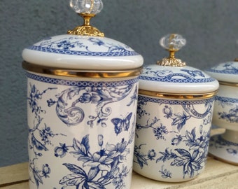 Last 1 Set . Blue White Jar Set ,Jars&Canisters , Tea Jar, Coffee Jar, Sugar Bowl