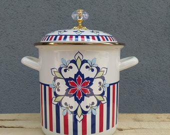 Tall Size Enamel Pot with beautiful Ethnic Flower design, Stick Stripe pattern Pot,Casserole , Enamel Pot , Cook Pot ,Enamelware