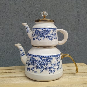 Blue White Teapot ,  Turkish Teapot, Enamel Tea Maker