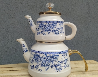 Tetera blanca azul, tetera turca, fabricante de té esmaltado