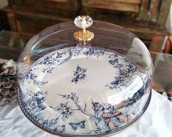 Same Day Shipping! 30 Cm Enamel Cake Stand ,Plexi Dome Bell  Blue White Cake Stand , Cheese Dome , Cake Dome