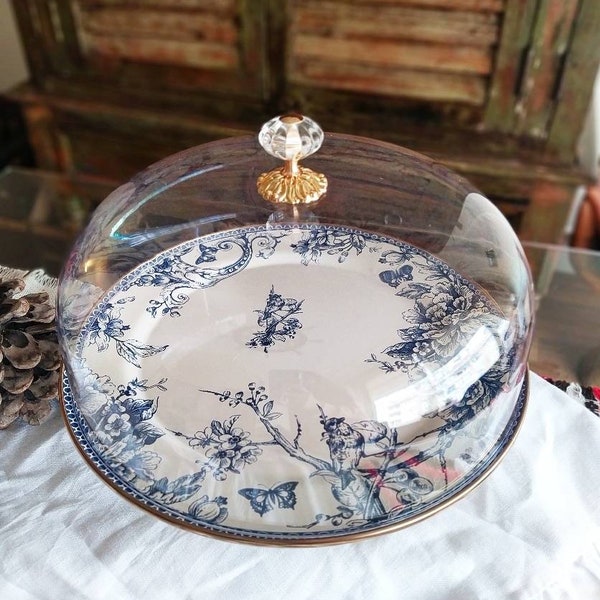 Same Day Shipping! 30 Cm Enamel Cake Stand ,Plexi Dome Bell  Blue White Cake Stand , Cheese Dome , Cake Dome