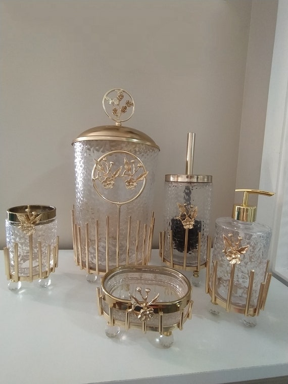 Luxury Bathroom Set , Luxury Gold Bathroom Set , Golden Bathroom Set,glass  Bath Set 