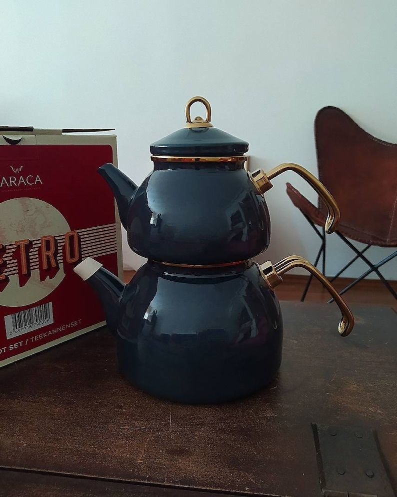 Retro Anthracite Enamel Teapot Set , Tea Maker , Tea Kettle , Turkish Tea Maker , Turkish Teapot , Black Tea , Green Tea
