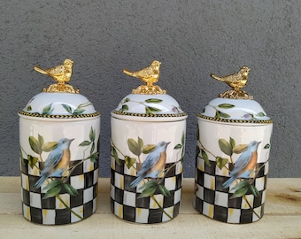 Chequered Spice Jar Set , 3 Pieces Porcelain Spice Jar Set