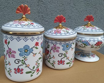 Floral Cross Stitch Canister and Jar Set , Jars&Canisters , Tea Jar, Coffee Jar, Sugar Bowl