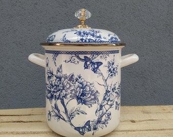 Tall Size Blue White Enamel Pot ,Casserole , Enamel Pot , Tall Pot ,Enamelware , Blue Blanc Cookware