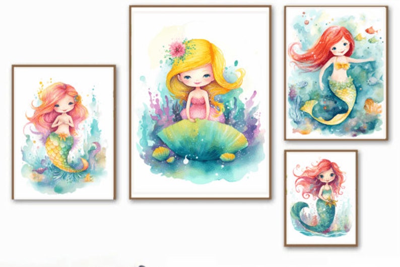 Pastel Mermaids Watercolor Wall Art Little Mermaid Digital Etsy