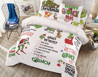 Grinch Themed Four-piece Duvet Cover Set - Christmas Bedding