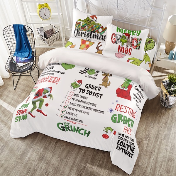 Grinch Themed Four-piece Duvet Cover Set - Christmas Bedding