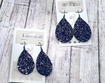 Black Magic Leather Glitter Teardrop Earrings