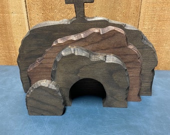Empty Tomb "He is Risen" Decoration with Cross. Hand made in solid wood. 11wX8h inches
